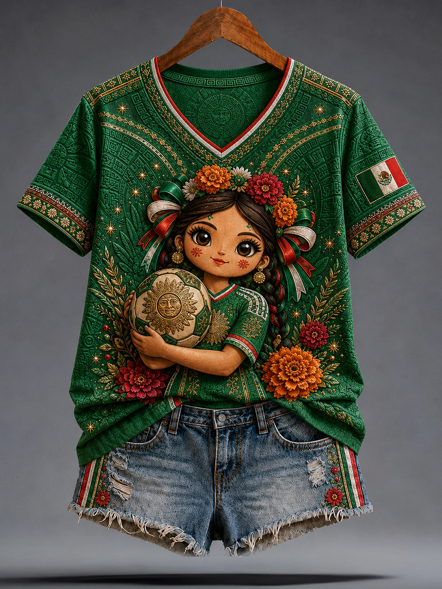Camiseta impresa arte divertido del amante del fútbol de México de la muñeca de Lele de las mujeres