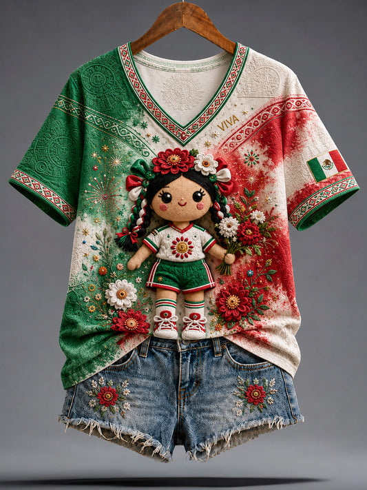 Camiseta con estampado artístico para amantes del fútbol mexicano, divertida muñeca Lele para mujer