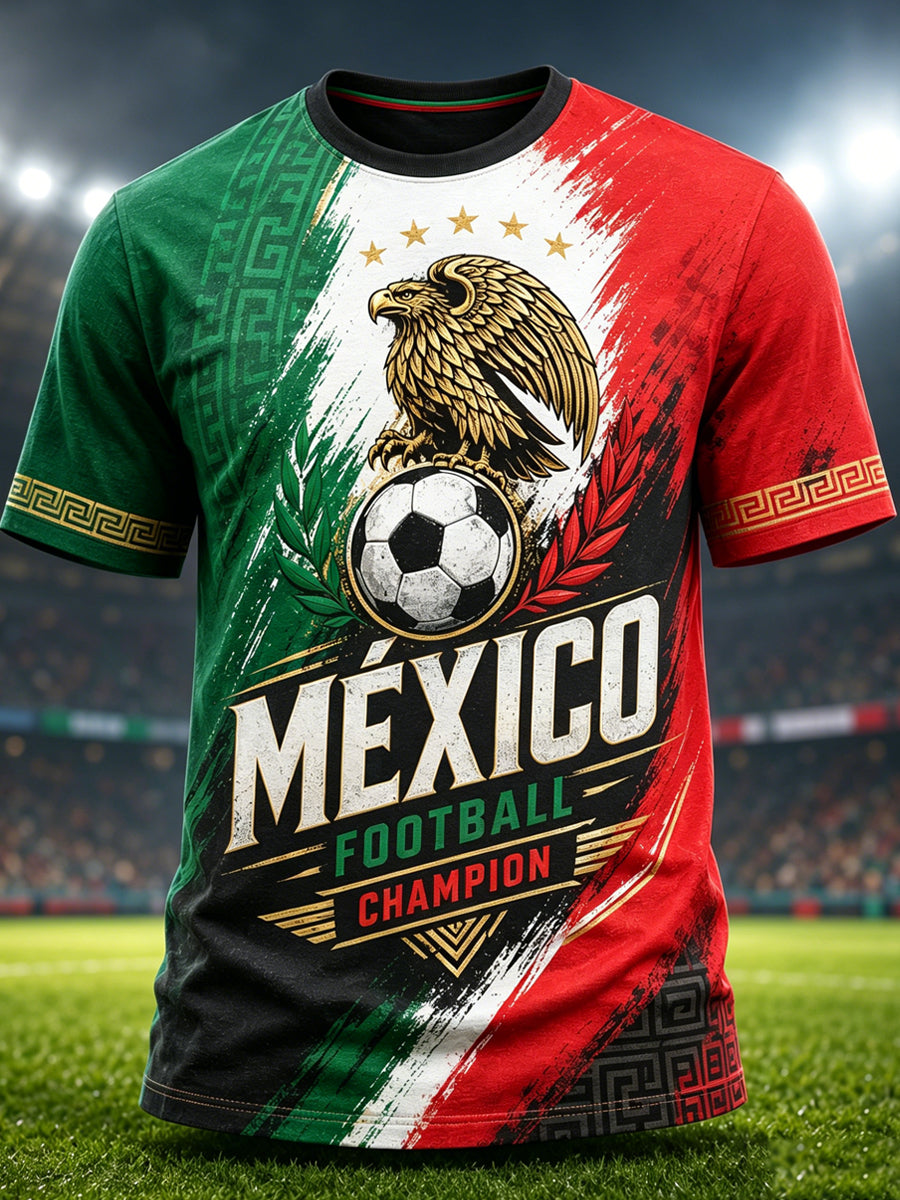 Camiseta con estampado artístico de elementos de animación en un partido de fútbol mexicano para hombre