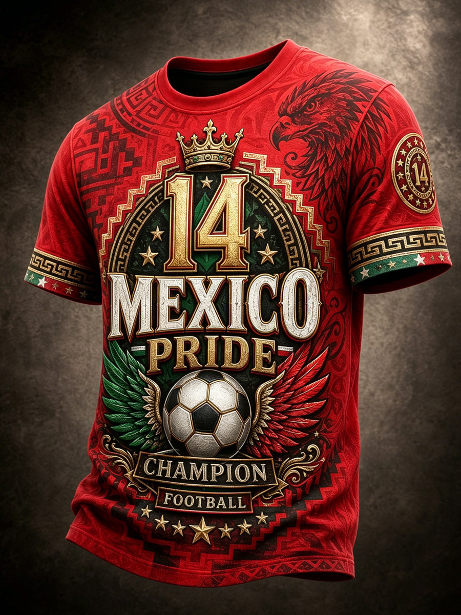 Camiseta con estampado artístico de elementos de animación en un partido de fútbol mexicano para hombre
