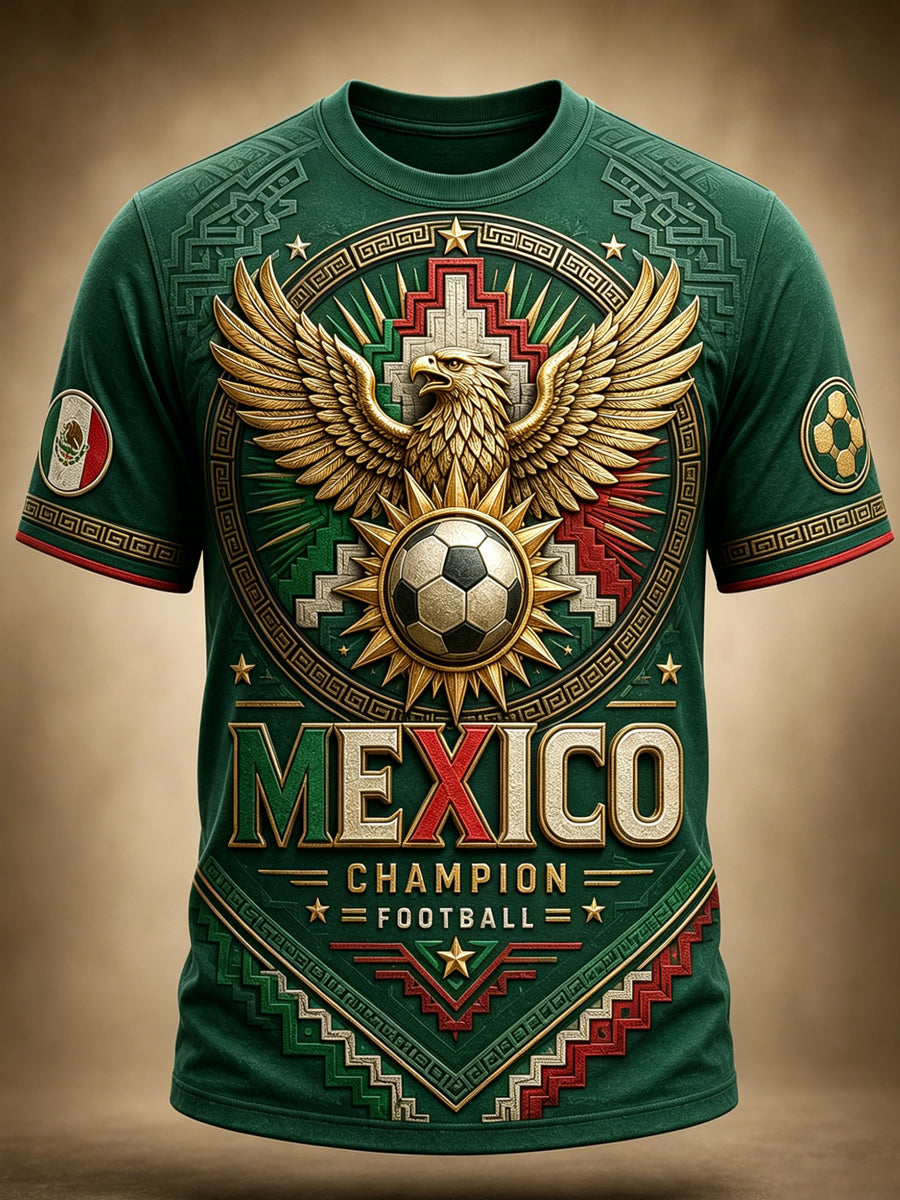 Camiseta con estampado artístico de elementos de animación en un partido de fútbol mexicano para hombre
