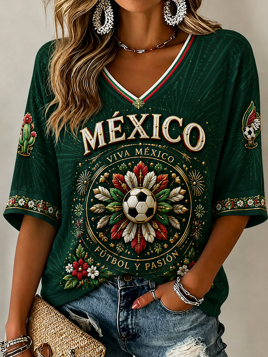 Camiseta mexicana de fútbol para mujer, de lino, de manga corta