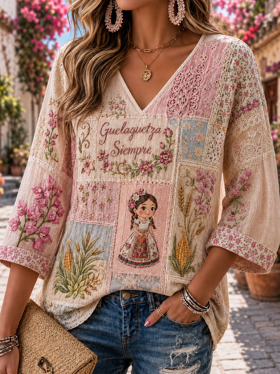 Top de cuello en V con estampado artístico del elemento del Festival Gaelagacha de la Gala Mexicana Femenina