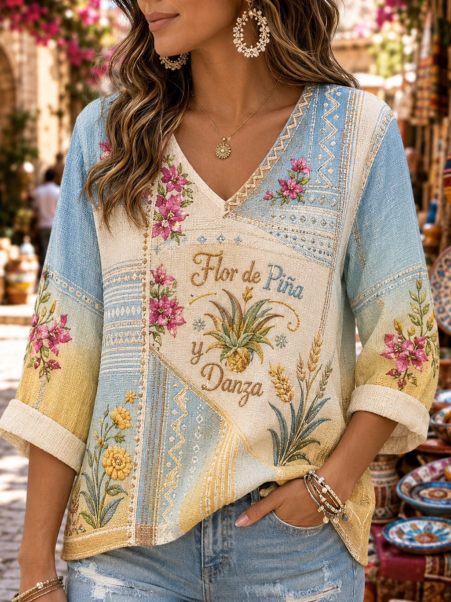 Mujer Mexican Gala Gaelagacha Festival Element Art Print V-Neck Top