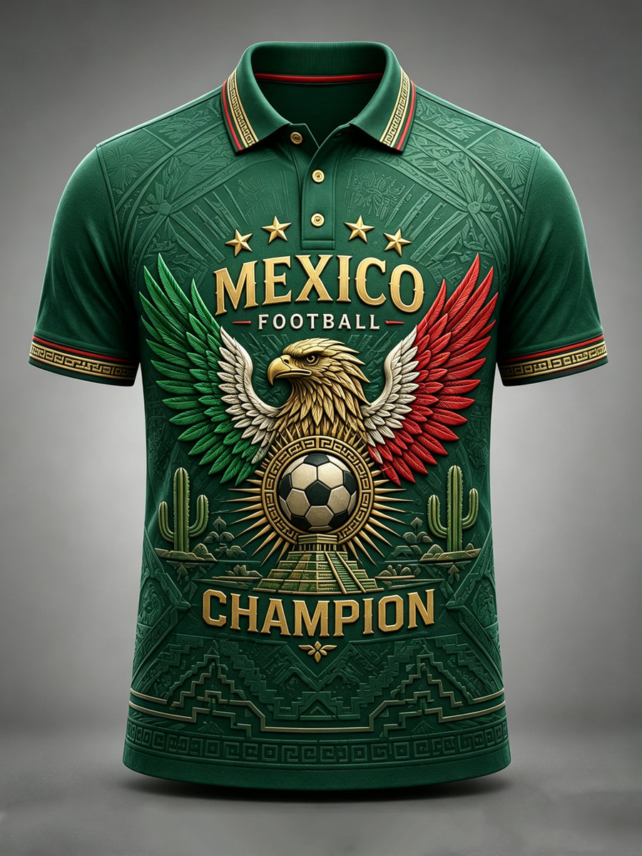 Camiseta polo con estampado artístico de elementos de animación en un partido de fútbol mexicano para hombre