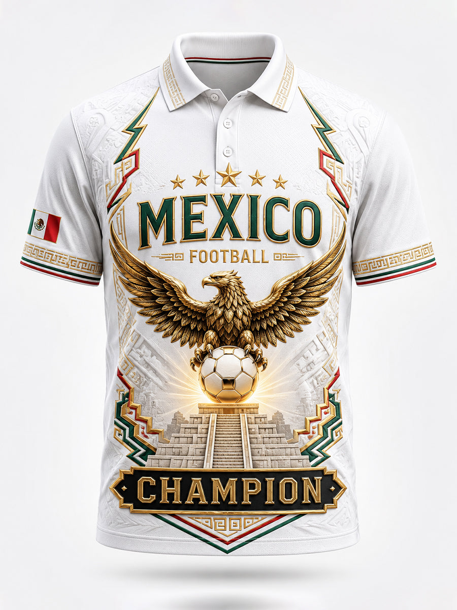 Camiseta polo con estampado artístico de elementos de animación en un partido de fútbol mexicano para hombre