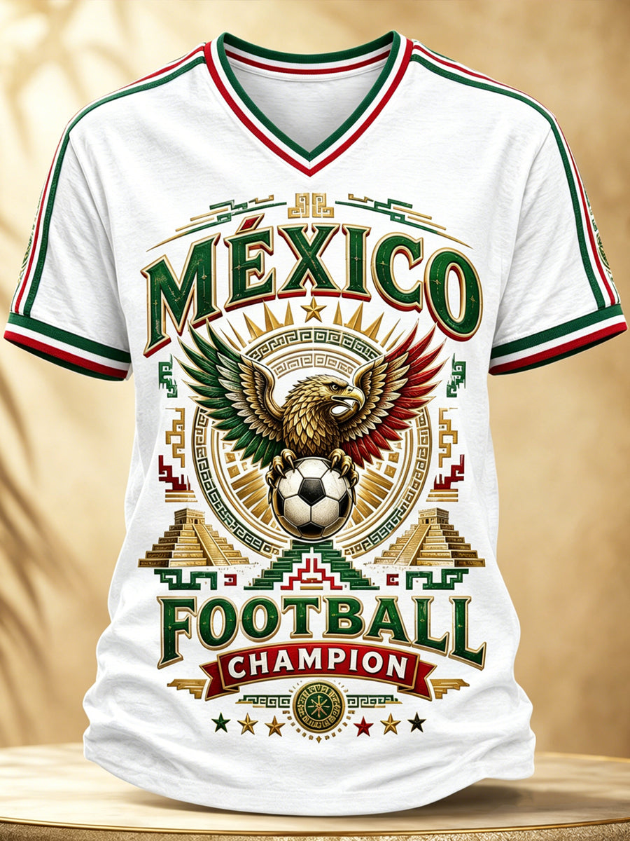 Camiseta de cuello en V con estampado artístico de elemento de animación para partido de fútbol femenino mexicano