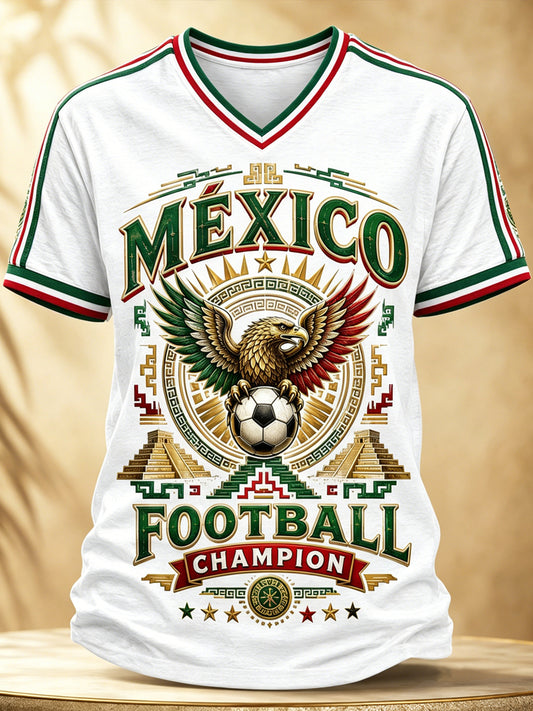 Camiseta de cuello en V con estampado artístico de elemento de animación para partido de fútbol femenino mexicano
