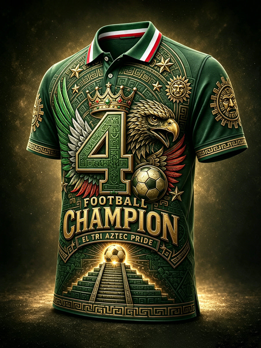 Camiseta polo con estampado artístico de elementos de animación en un partido de fútbol mexicano para hombre