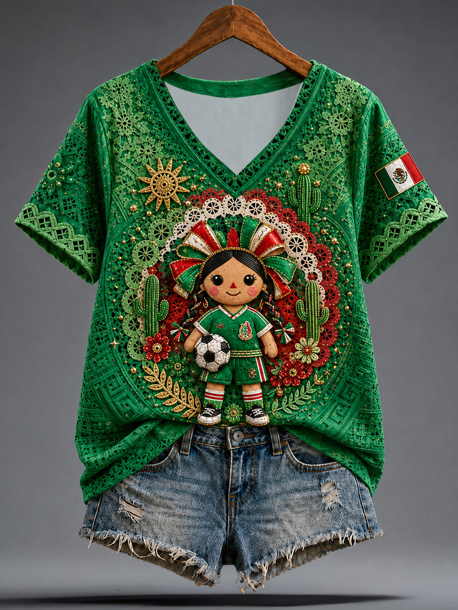 Camiseta con estampado artístico de muñeca Lele, amante del fútbol mexicano, para mujer