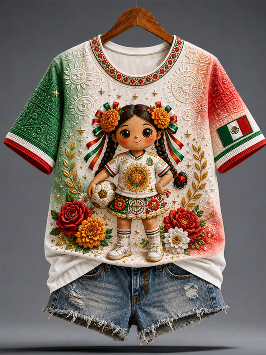 Camiseta con estampado artístico de muñeca Lele, amante del fútbol mexicano, para mujer