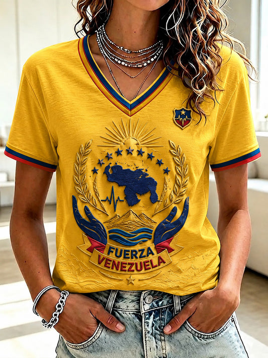 Camiseta estampada con cuello en V para mujer, Venezuela fuerte