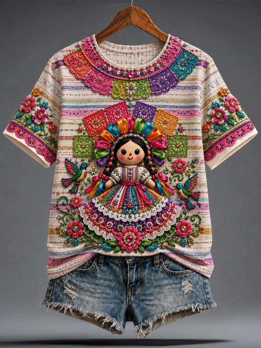 Camiseta estampada con arte de muñeca Lele mexicana para la Guelaguetza femenina