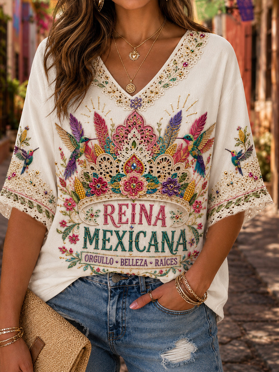 Guelaguetza México Lele muñeca arte impreso camiseta de lino de las mujeres