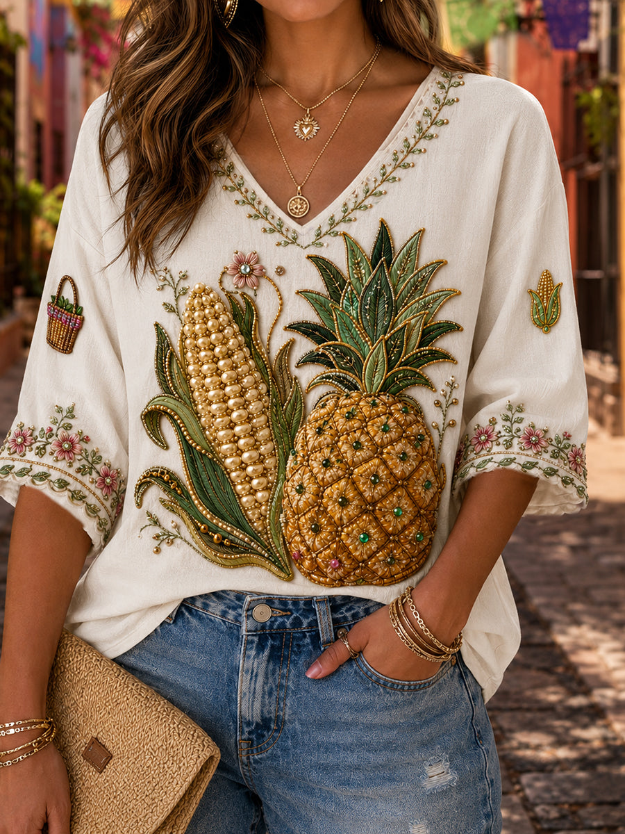 Camiseta de lino estampada con arte de muñeca Lele de la Guelaguetza de México para mujer