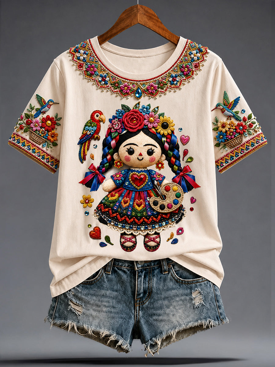 Camiseta estampada con arte de muñeca Lele mexicana para la Guelaguetza femenina