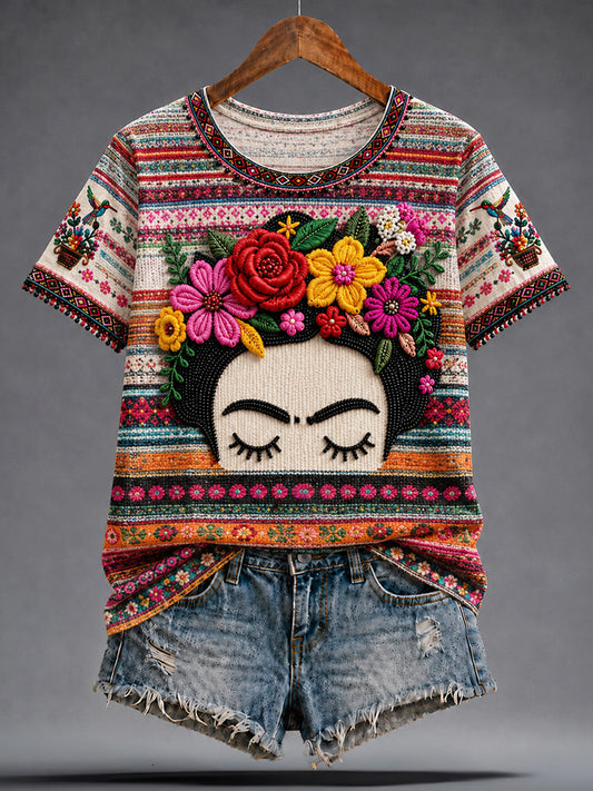 Camiseta estampada con arte de muñeca Lele mexicana para la Guelaguetza femenina
