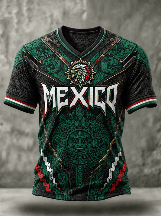 Camiseta de manga corta con cuello en V para hombre Mexico Football Lover Art