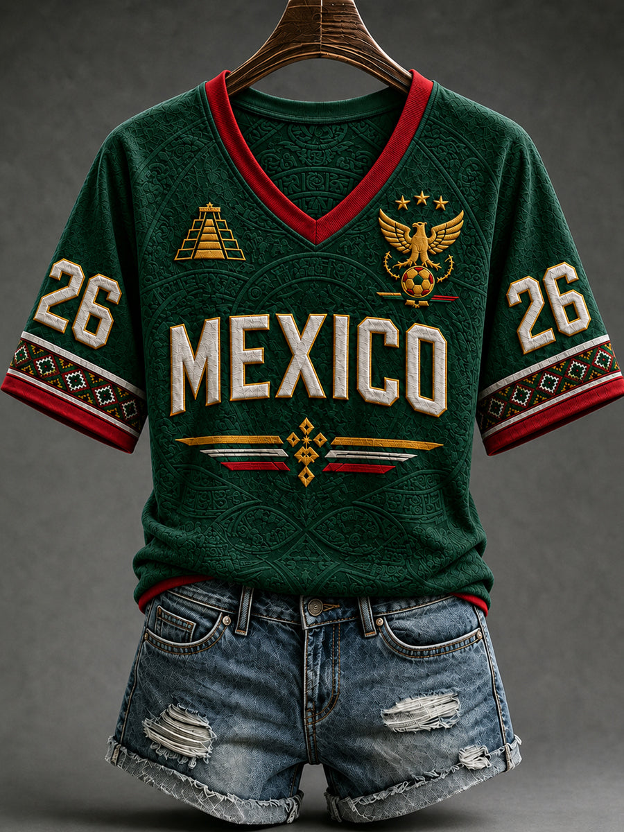 Camiseta manga corta México Football Lover Art V-cuello para mujer