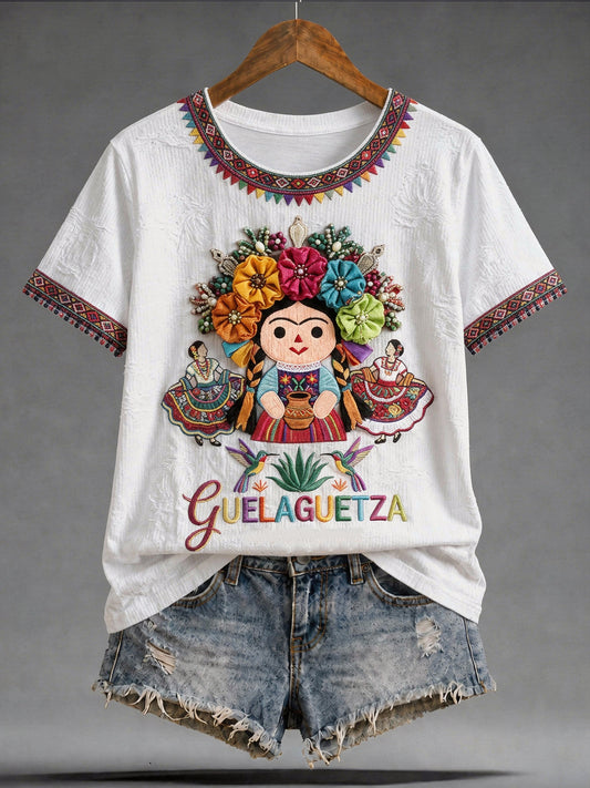 Camiseta informal de manga corta con estampado mexicano de Guelaguetza para mujer