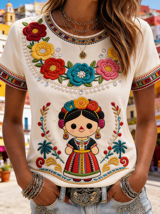 Camiseta informal de manga corta con estampado mexicano de Guelaguetza para mujer