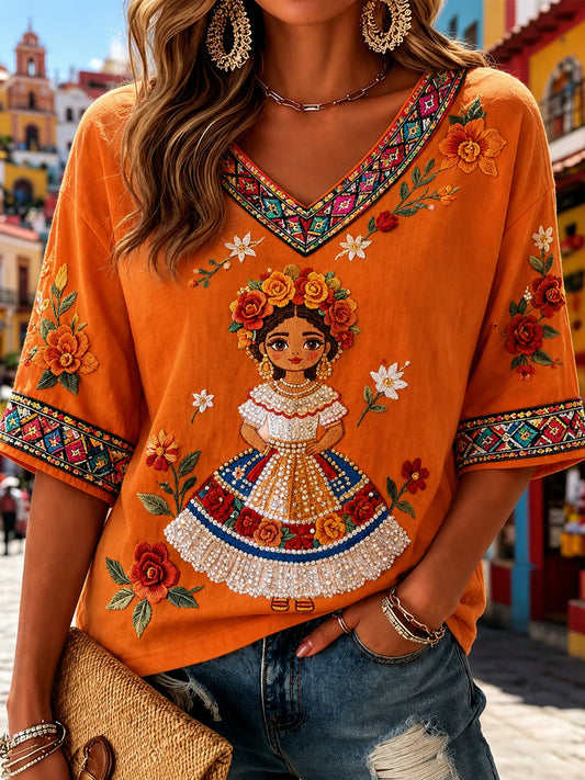 Camiseta informal de manga corta con estampado mexicano de Guelaguetza para mujer