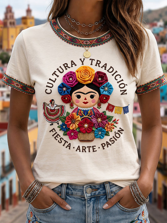 Camiseta informal de manga corta con estampado mexicano de Guelaguetza para mujer