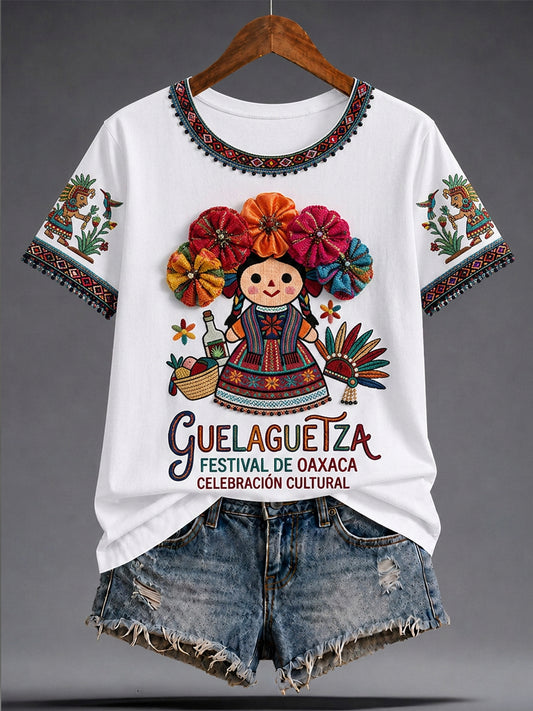 Camiseta informal de manga corta con estampado mexicano de Guelaguetza para mujer