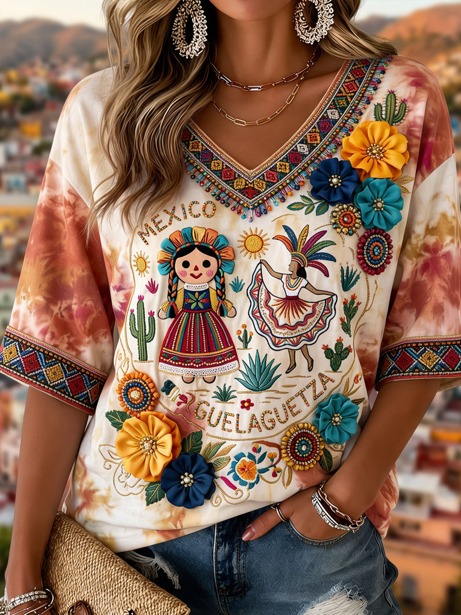 Camiseta informal de manga corta con estampado mexicano de Guelaguetza para mujer