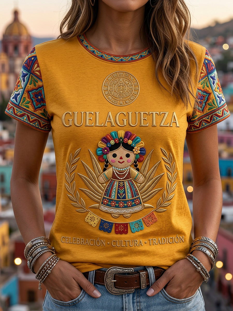 Camiseta informal de manga corta con estampado mexicano de Guelaguetza para mujer