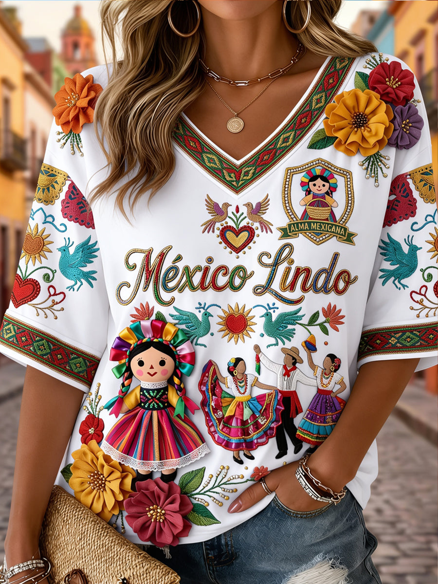 Camiseta informal de manga corta con estampado mexicano de Guelaguetza para mujer