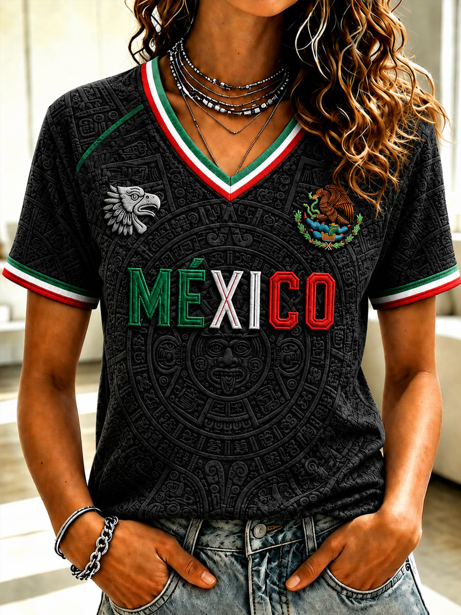 Camiseta de manga corta con cuello en V México Football Lover Art para mujer