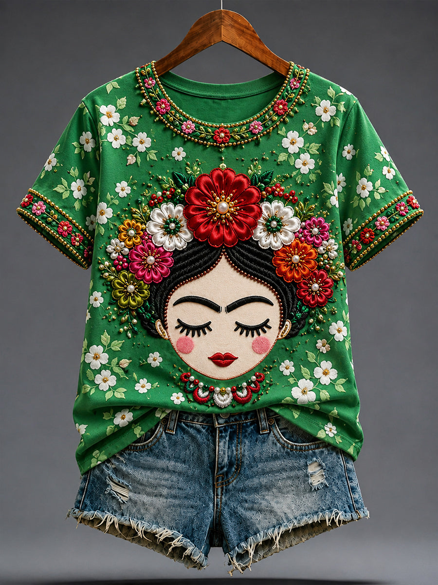 Camiseta estampada con arte de la muñeca Lele mexicana Guelaguetza para mujer