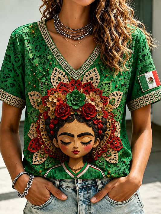 Camiseta con estampado artístico de muñeca Lele, amante del fútbol mexicano, para mujer