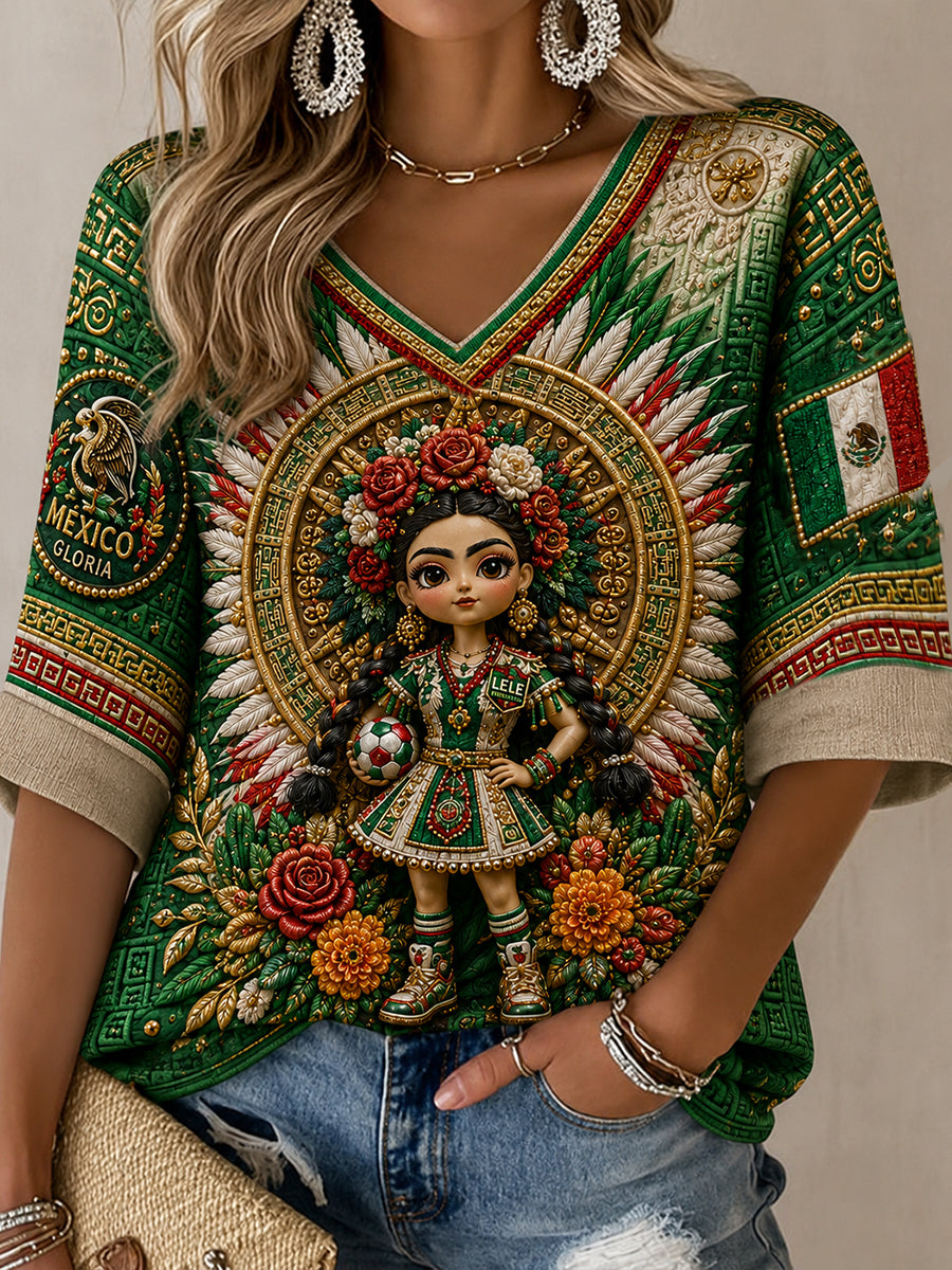Camiseta con estampado artístico de muñeca Lele, amante del fútbol mexicano, para mujer