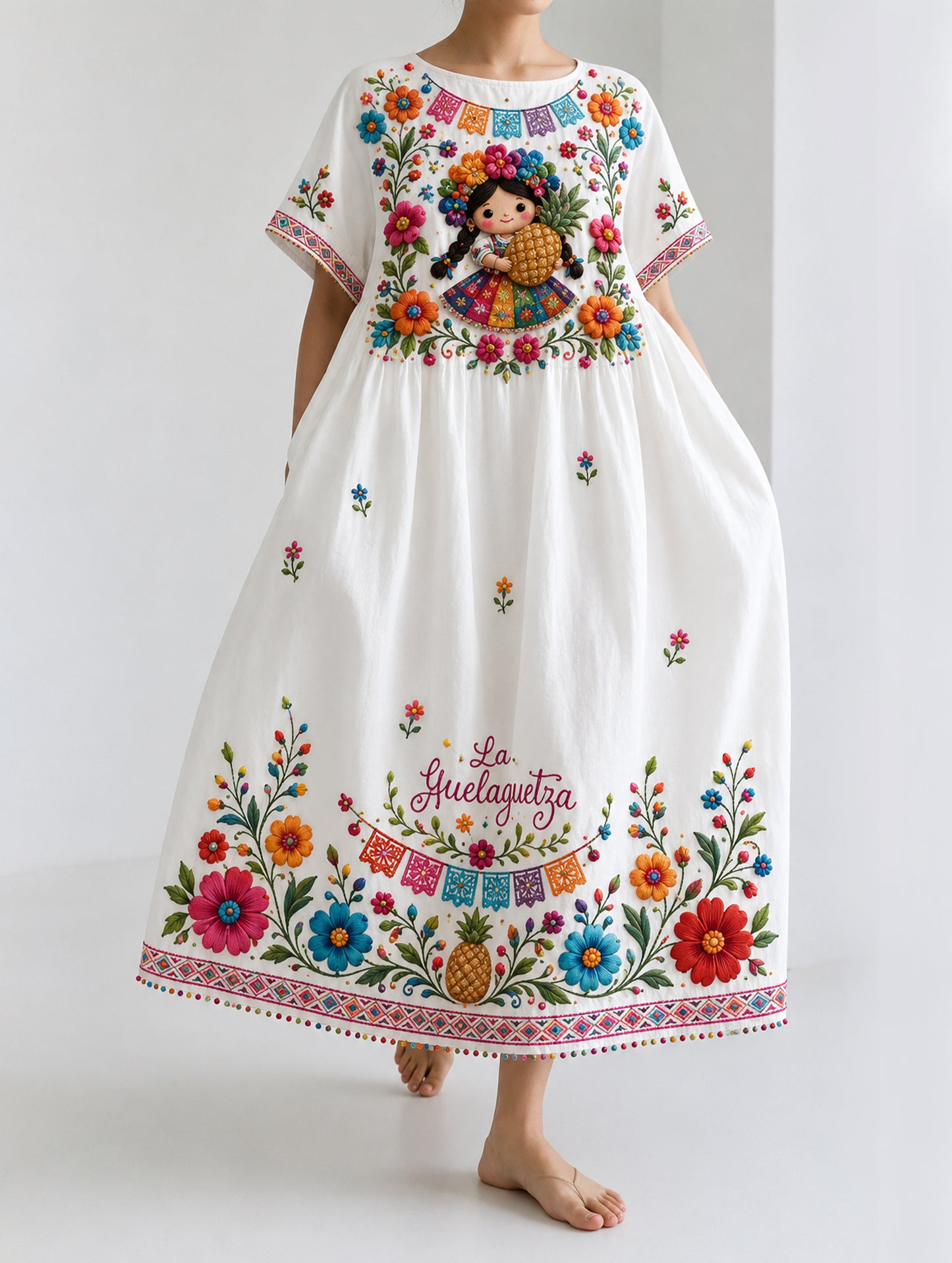 Vestido con estampado artístico de elementos del Festival Gaelagacha de la Gala Mexicana Femenina