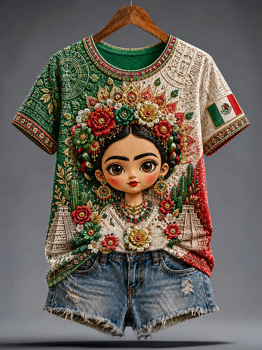 Camiseta con estampado artístico de muñeca Lele, amante del fútbol mexicano, para mujer