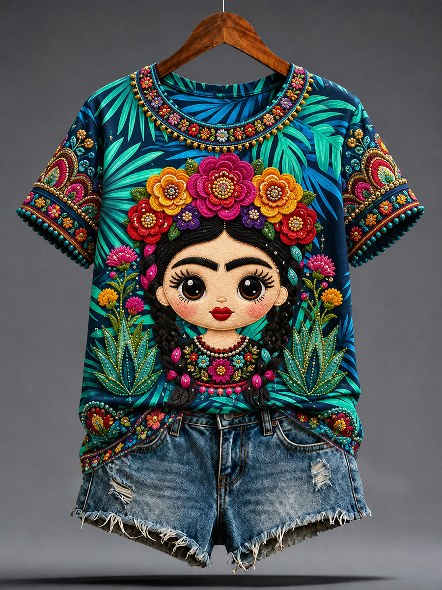 Camiseta estampada con arte de la muñeca Lele mexicana Guelaguetza para mujer