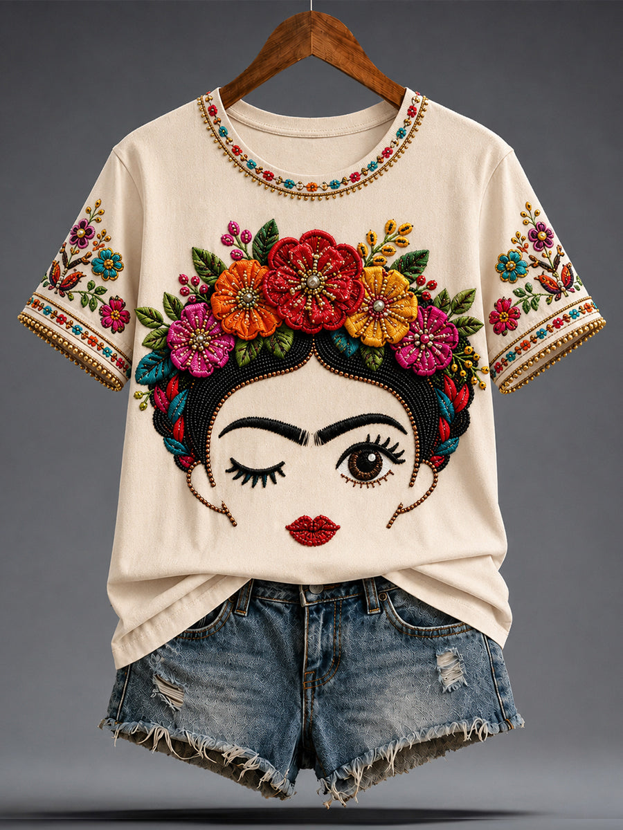 Camiseta estampada con arte de la muñeca Lele mexicana Guelaguetza para mujer