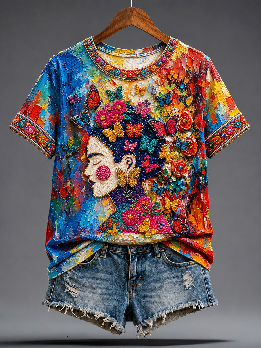 Camiseta estampada con arte de la muñeca Lele mexicana Guelaguetza para mujer