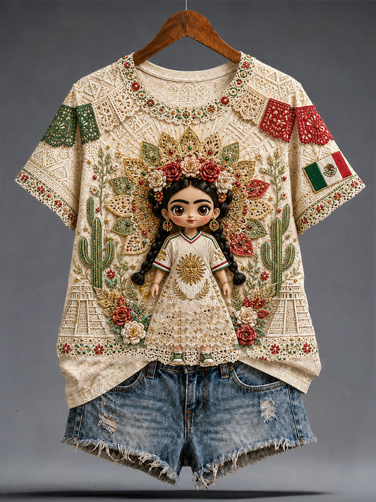 Camiseta con estampado artístico de muñeca Lele, amante del fútbol mexicano, para mujer