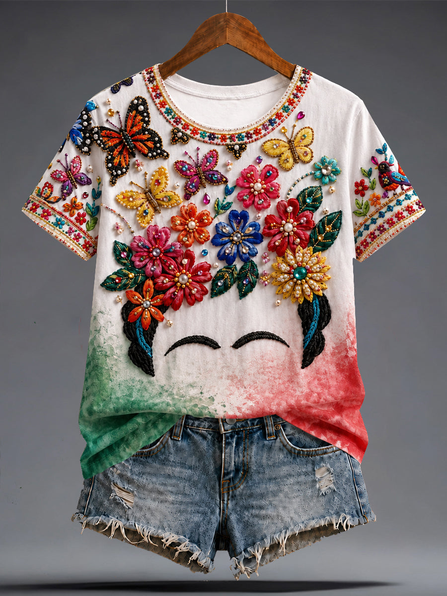 Camiseta estampada con arte de la muñeca Lele mexicana Guelaguetza para mujer