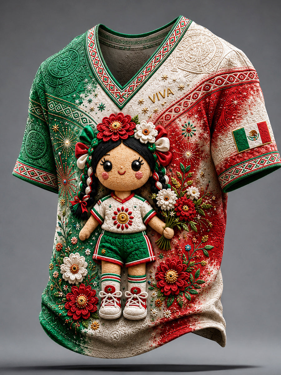 Hombre México Fútbol Amante Lele Muñeca Arte Impreso V-cuello de la camiseta