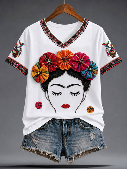 Camiseta estampada con arte de la muñeca Lele mexicana Guelaguetza para mujer