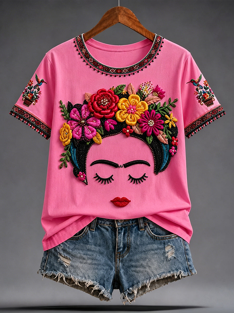 Camiseta estampada con arte de la muñeca Lele mexicana Guelaguetza para mujer