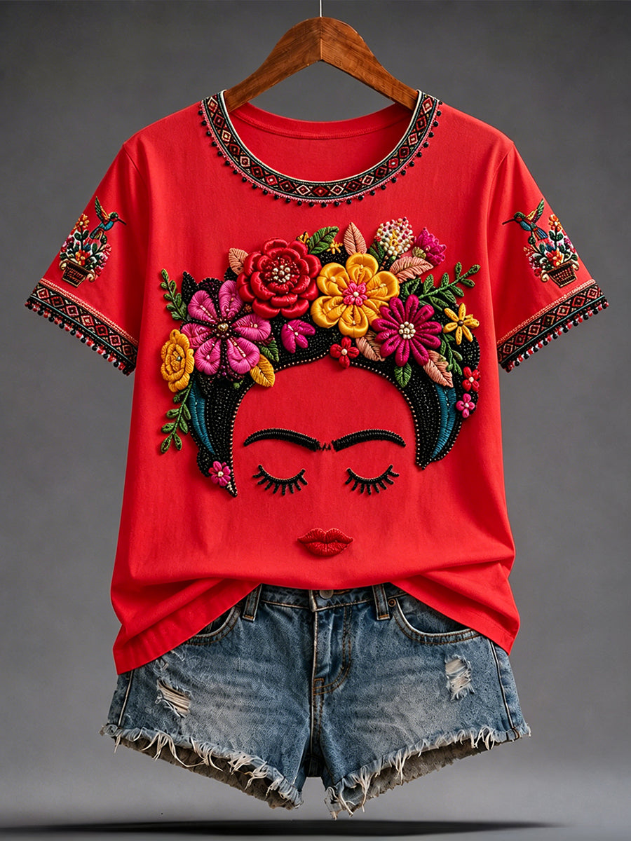 Camiseta estampada con arte de la muñeca Lele mexicana Guelaguetza para mujer