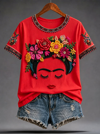 Camiseta estampada con arte de la muñeca Lele mexicana Guelaguetza para mujer