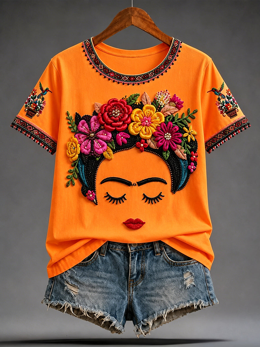 Camiseta estampada con arte de la muñeca Lele mexicana Guelaguetza para mujer