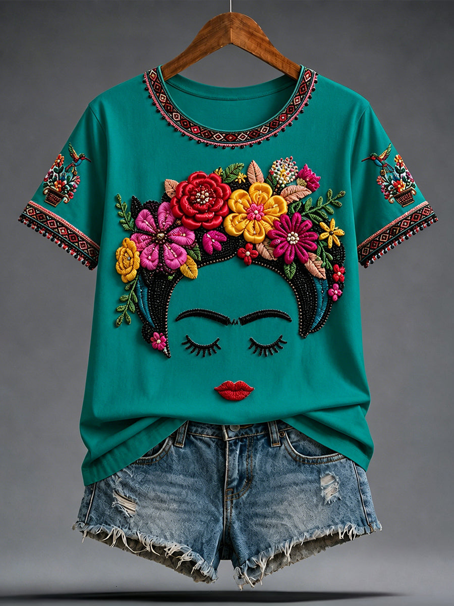 Camiseta estampada con arte de la muñeca Lele mexicana Guelaguetza para mujer