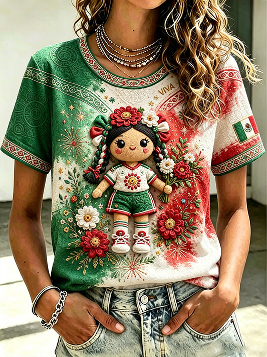Camiseta con estampado artístico de muñeca Lele, amante del fútbol mexicano, para mujer